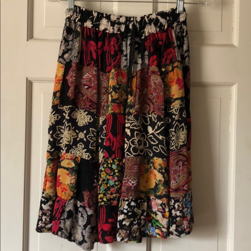 Boho Patchwork Midi Skirt in Black and Multicolor